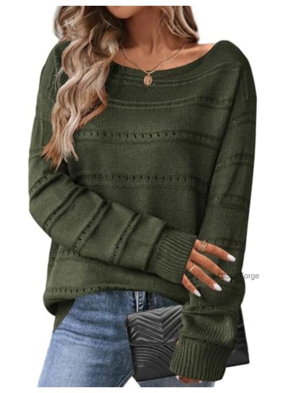 Off Shoulder Crochet Knit Sweater Pullover Loose Fit Women Fall Top